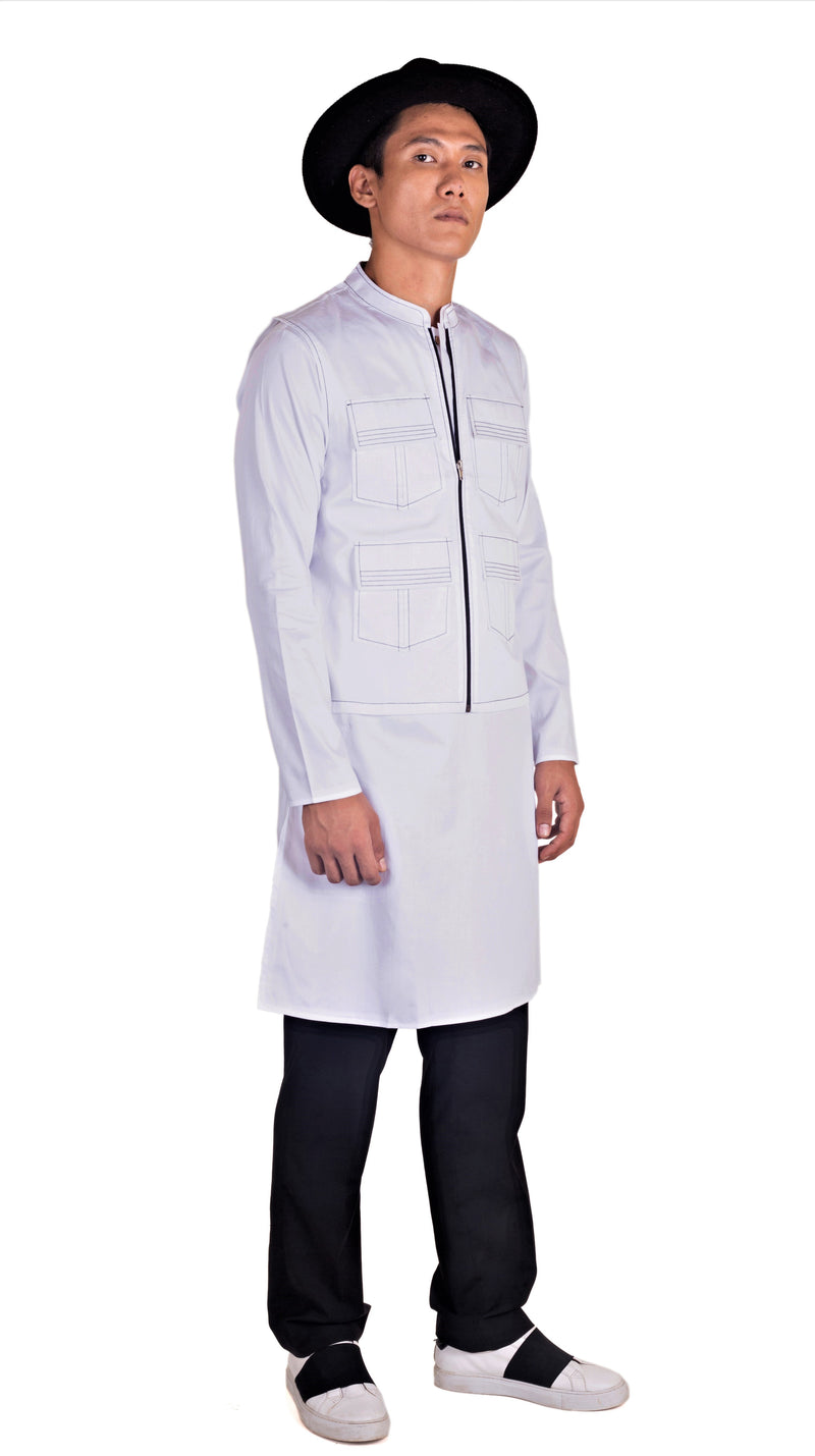 WHITE 4 POCKETED SHACKET & KURTA MONOCHROME SET