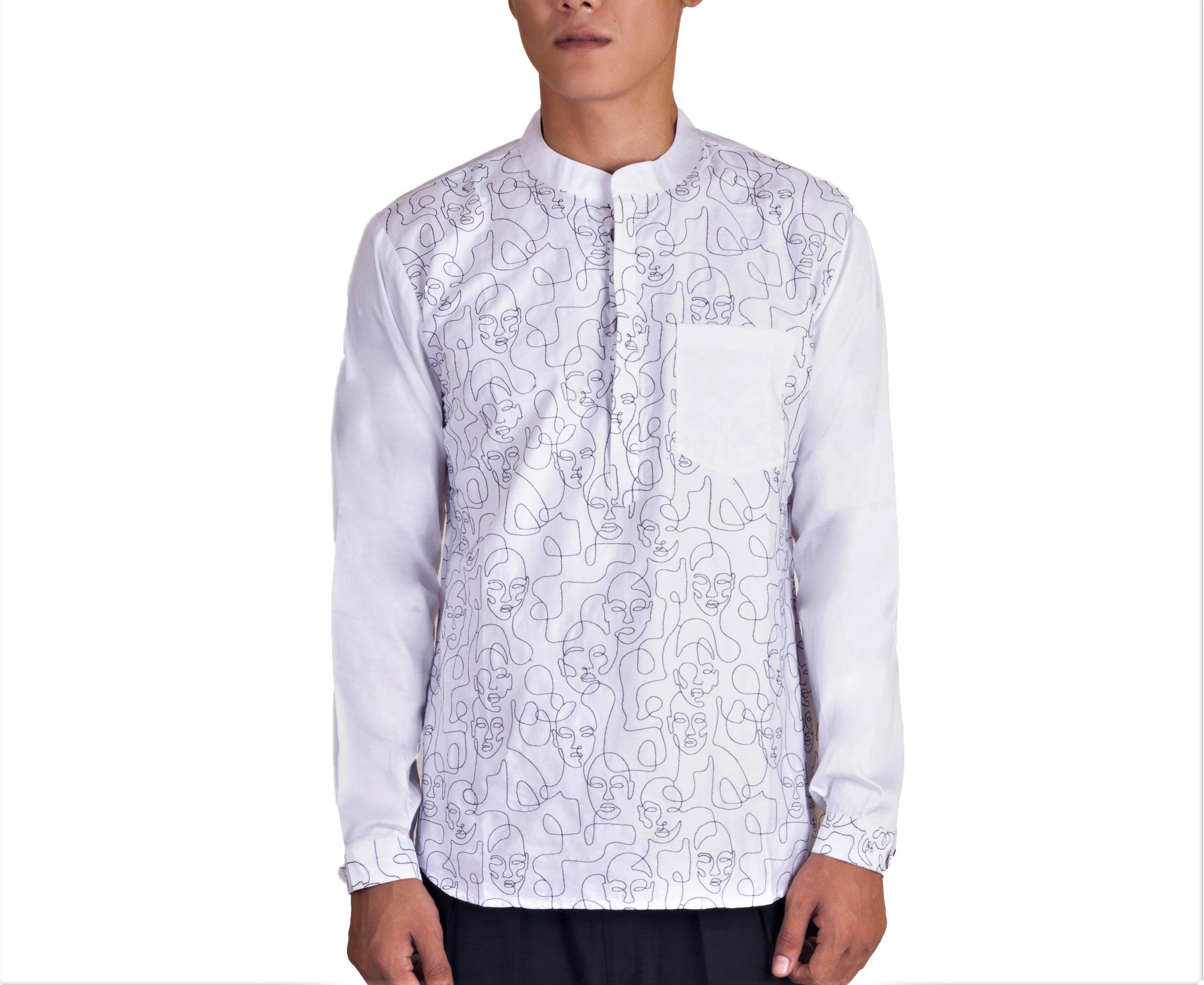 WHITE SATIN ABSTRACT FRONT EMBRIODERED SHORT KURTA