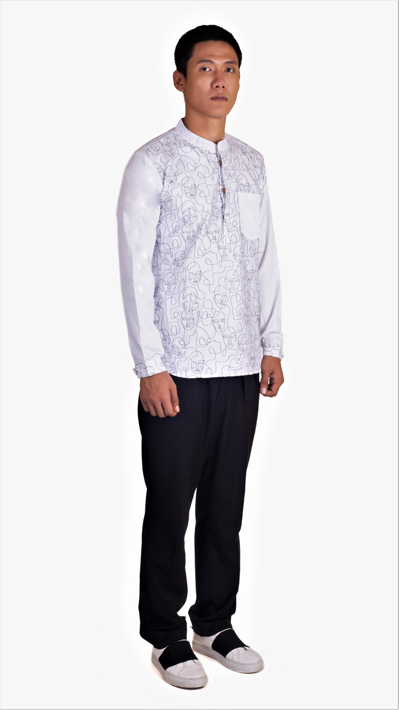 WHITE SATIN ABSTRACT FRONT EMBRIODERED SHORT KURTA