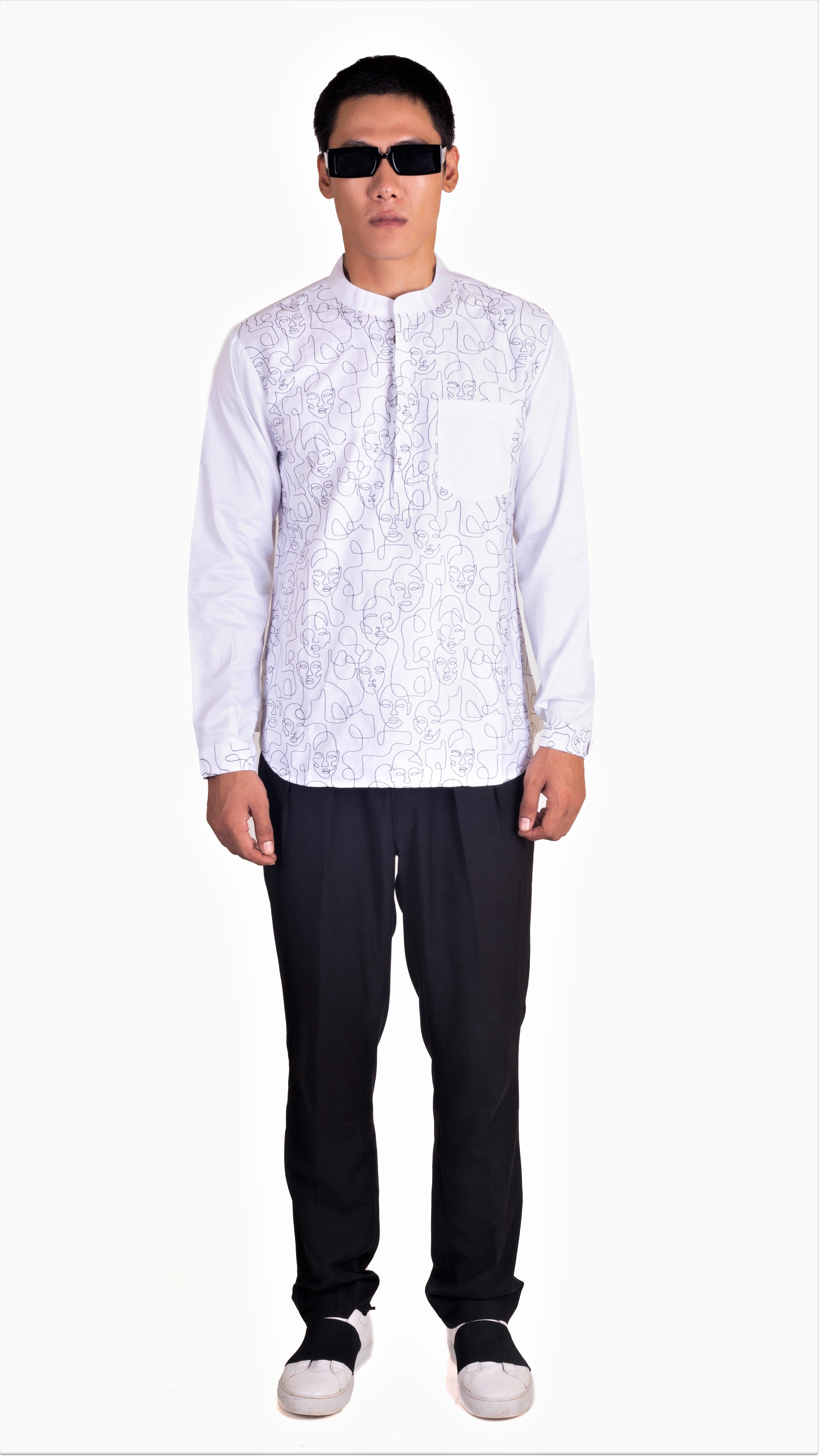 WHITE SATIN ABSTRACT FRONT EMBRIODERED SHORT KURTA