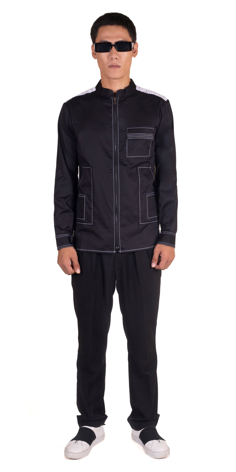 BLACK ABSTRACT EMBRIODERED FULL SLEEVES 3 POCKET SHACKET
