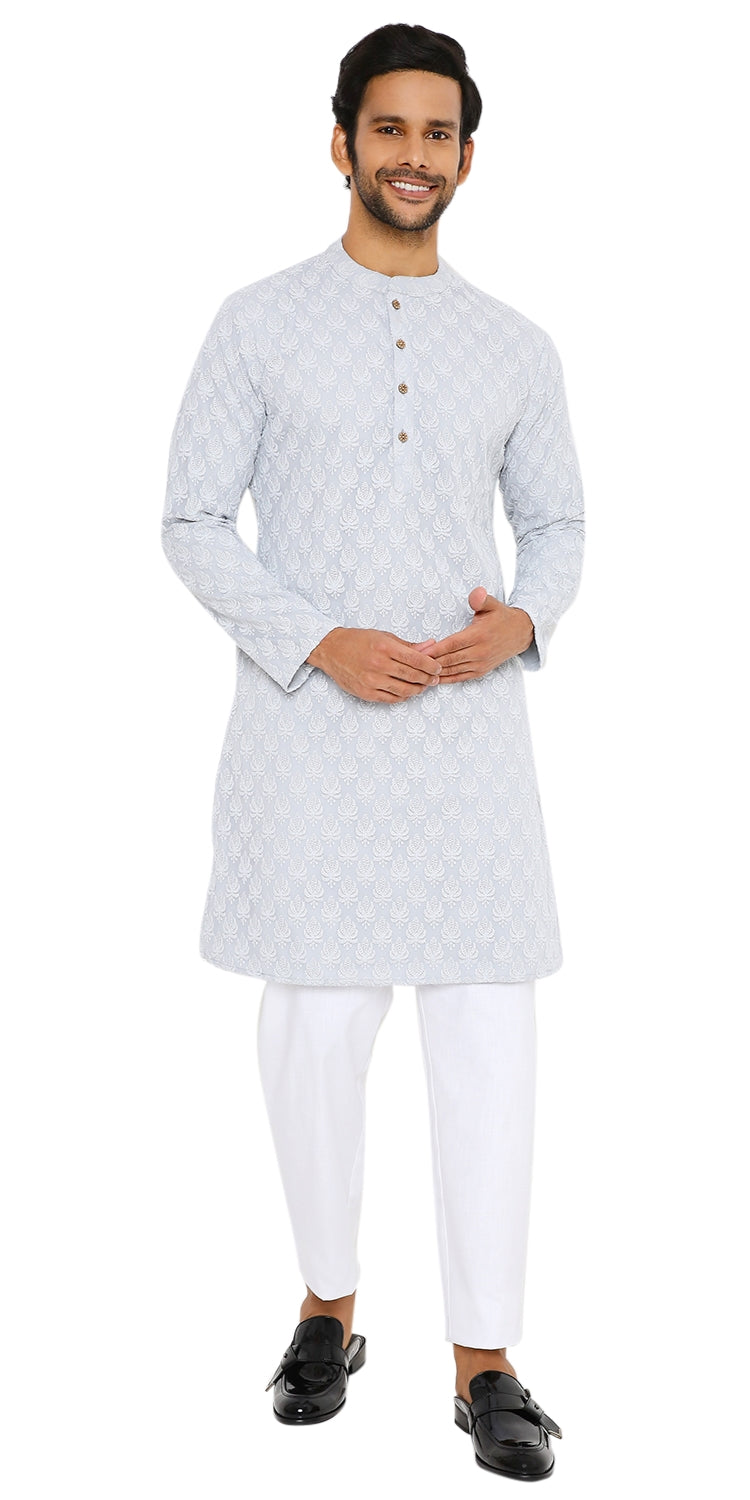 STONE GREY GEORGETTE LEAF CHIKANKARI REGULAR FIT KURTA WITH LINING