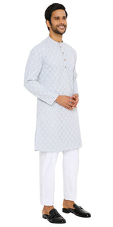 STONE GREY GEORGETTE LEAF CHIKANKARI REGULAR FIT KURTA WITH LINING