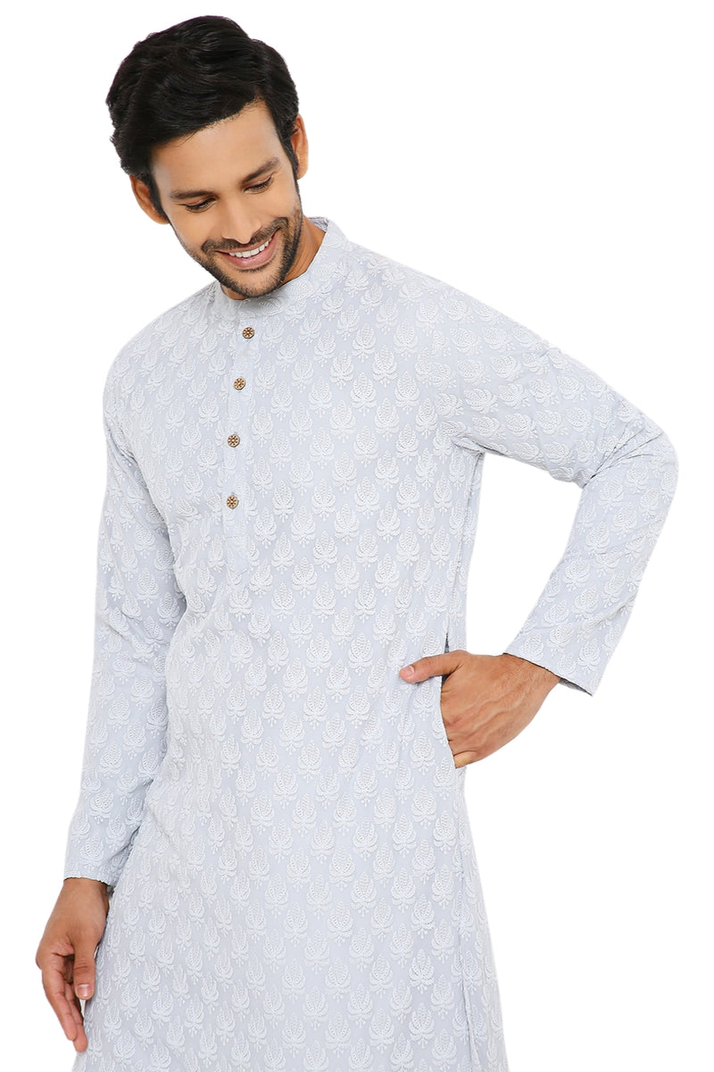 STONE GREY GEORGETTE LEAF CHIKANKARI REGULAR FIT KURTA WITH LINING