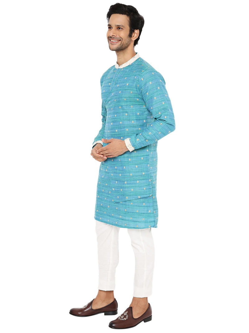 SEAGREEN MODERN ANGRAKHA KURTA PYJAMA SET WITH EMBRIODERED COLLAR & CUFF