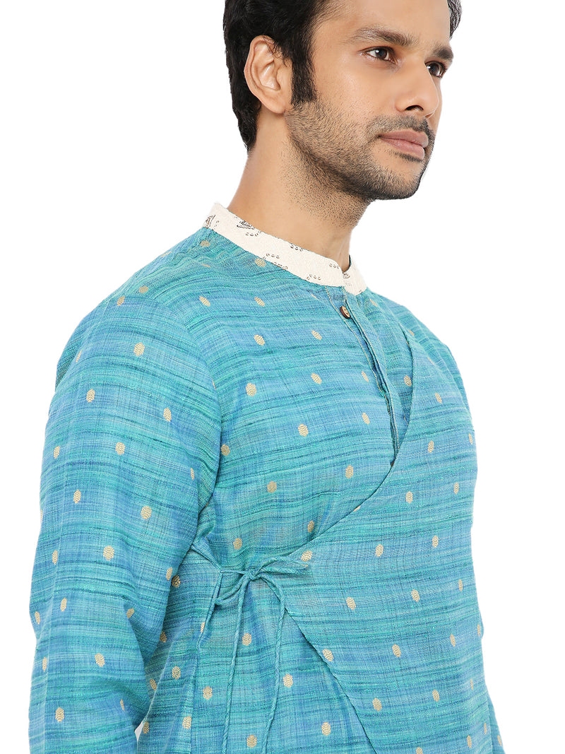 SEAGREEN MODERN ANGRAKHA KURTA PYJAMA SET WITH EMBRIODERED COLLAR & CUFF