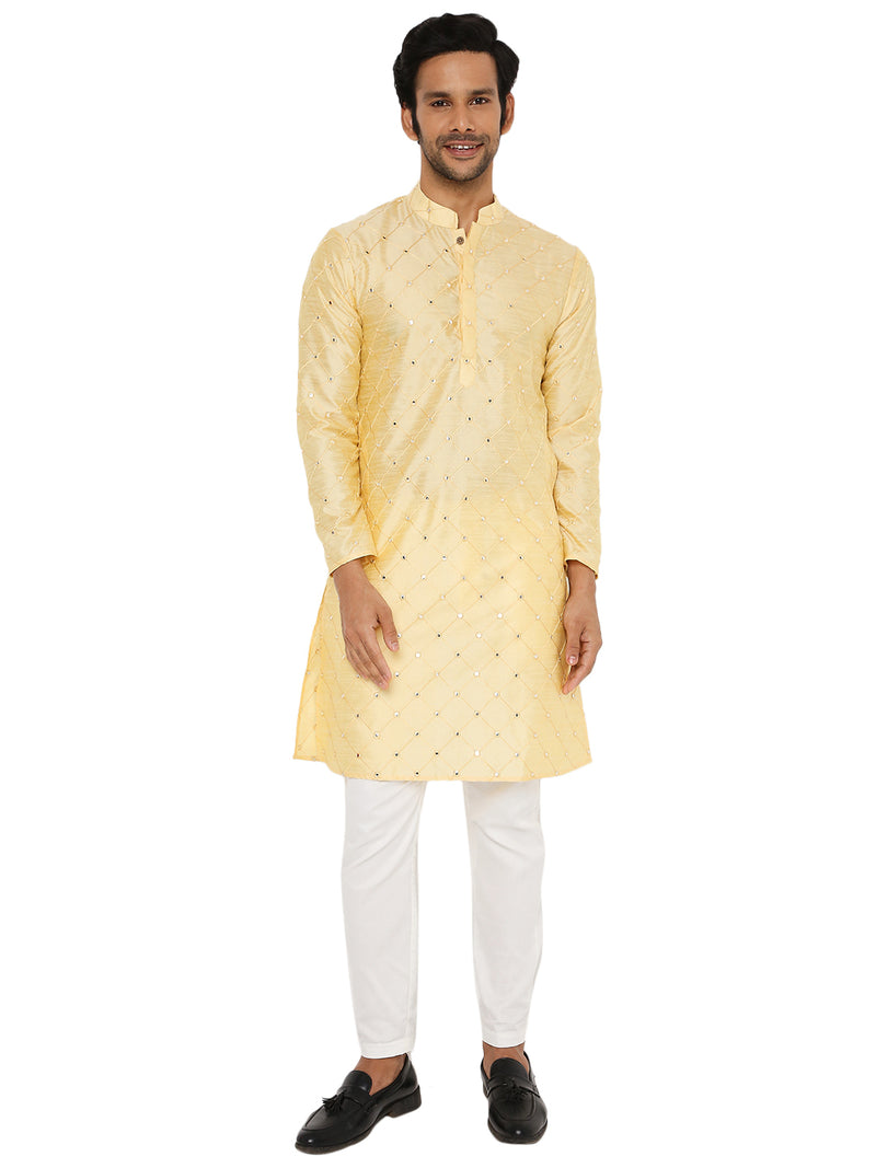 LIGHT BEIGE KURTA PYJAMA SET WITH CHECKERED MIRROR ABLA EMBRIODERY