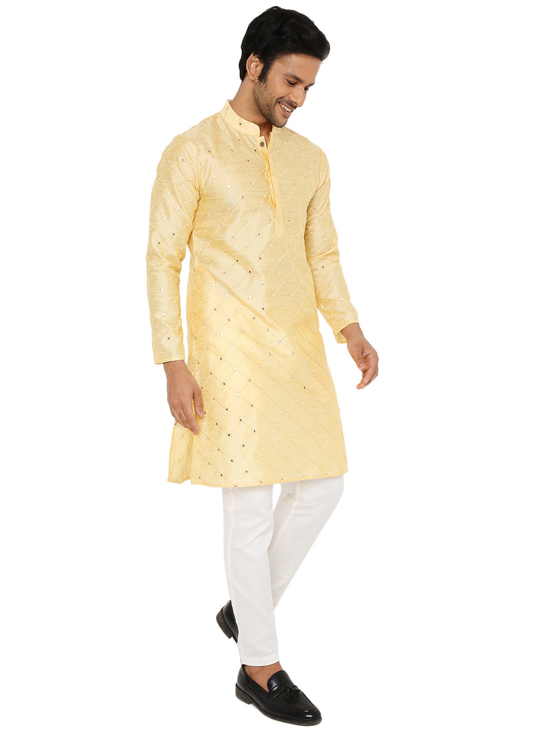 LIGHT BEIGE KURTA PYJAMA SET WITH CHECKERED MIRROR ABLA EMBRIODERY