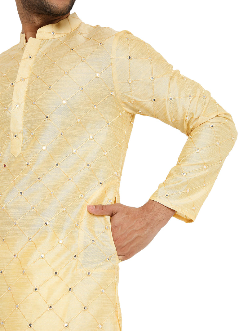 LIGHT BEIGE KURTA PYJAMA SET WITH CHECKERED MIRROR ABLA EMBRIODERY