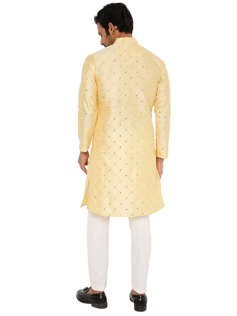 LIGHT BEIGE KURTA PYJAMA SET WITH CHECKERED MIRROR ABLA EMBRIODERY