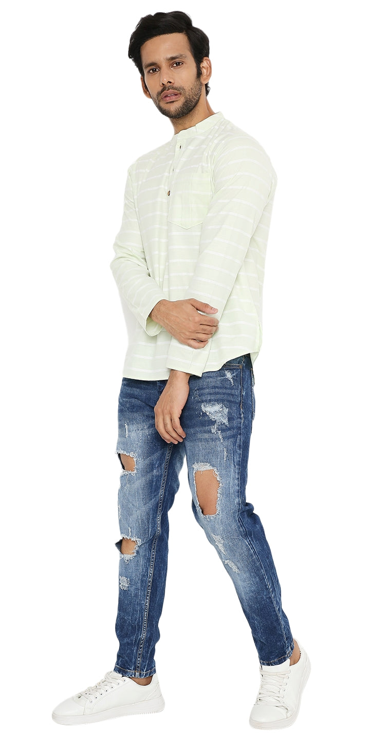 COTTON PISTA STRIPED REGULAR FIT SHORT KURTA