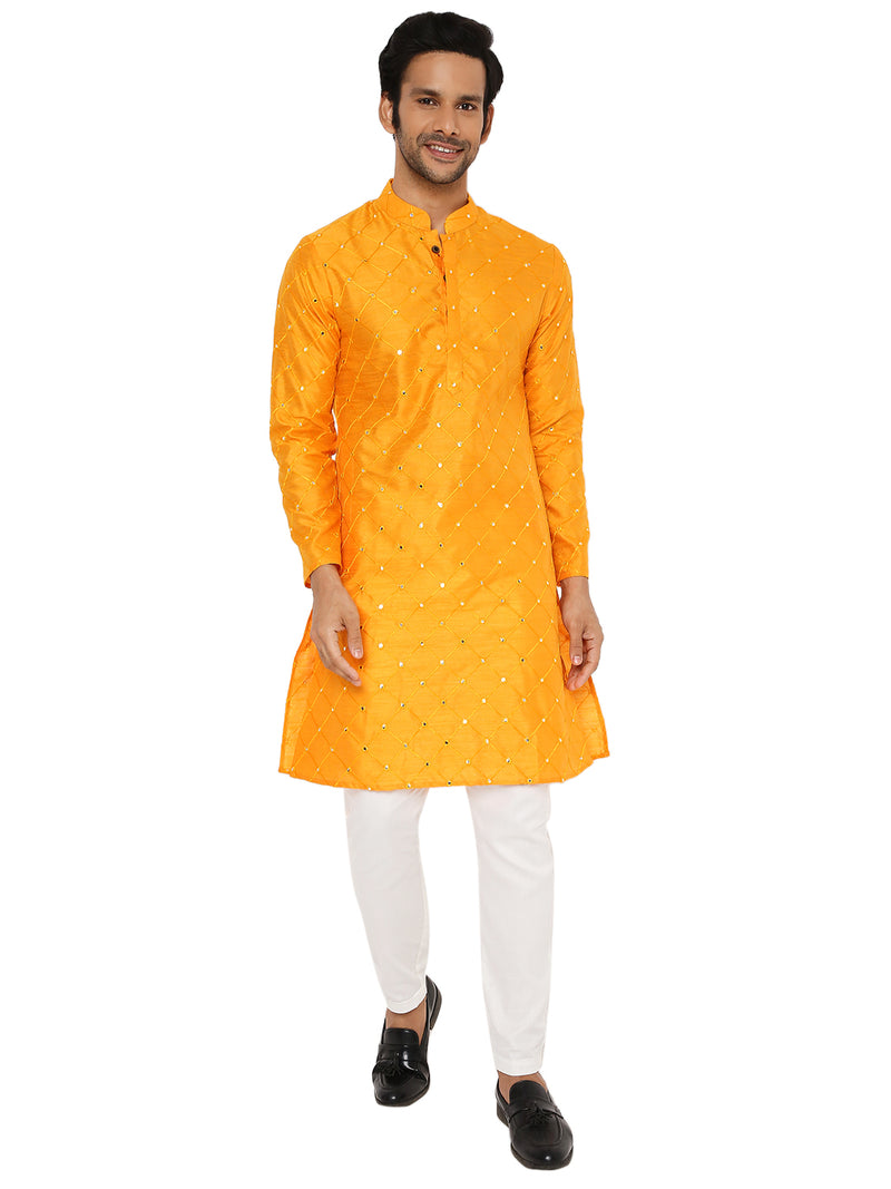 SPECTRA YELLOW KURTA PYJAMA SET WITH CHECKERED MIRROR ABLA EMBRIODERY