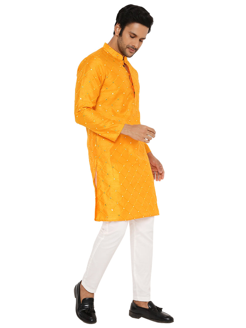 SPECTRA YELLOW KURTA PYJAMA SET WITH CHECKERED MIRROR ABLA EMBRIODERY