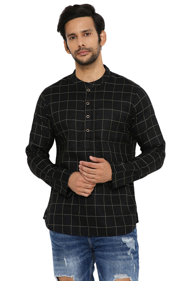 BLACK GOLDEN CHECKS SLIM FIT COTTON SHORT KURTA