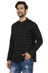 BLACK GOLDEN CHECKS SLIM FIT COTTON SHORT KURTA