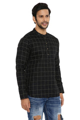 BLACK GOLDEN CHECKS SLIM FIT COTTON SHORT KURTA