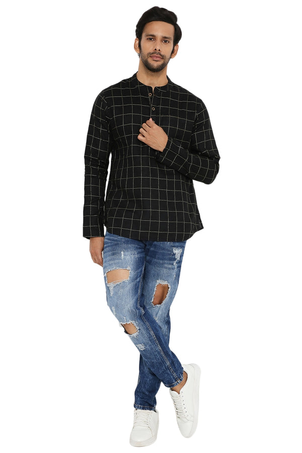 BLACK GOLDEN CHECKS SLIM FIT COTTON SHORT KURTA