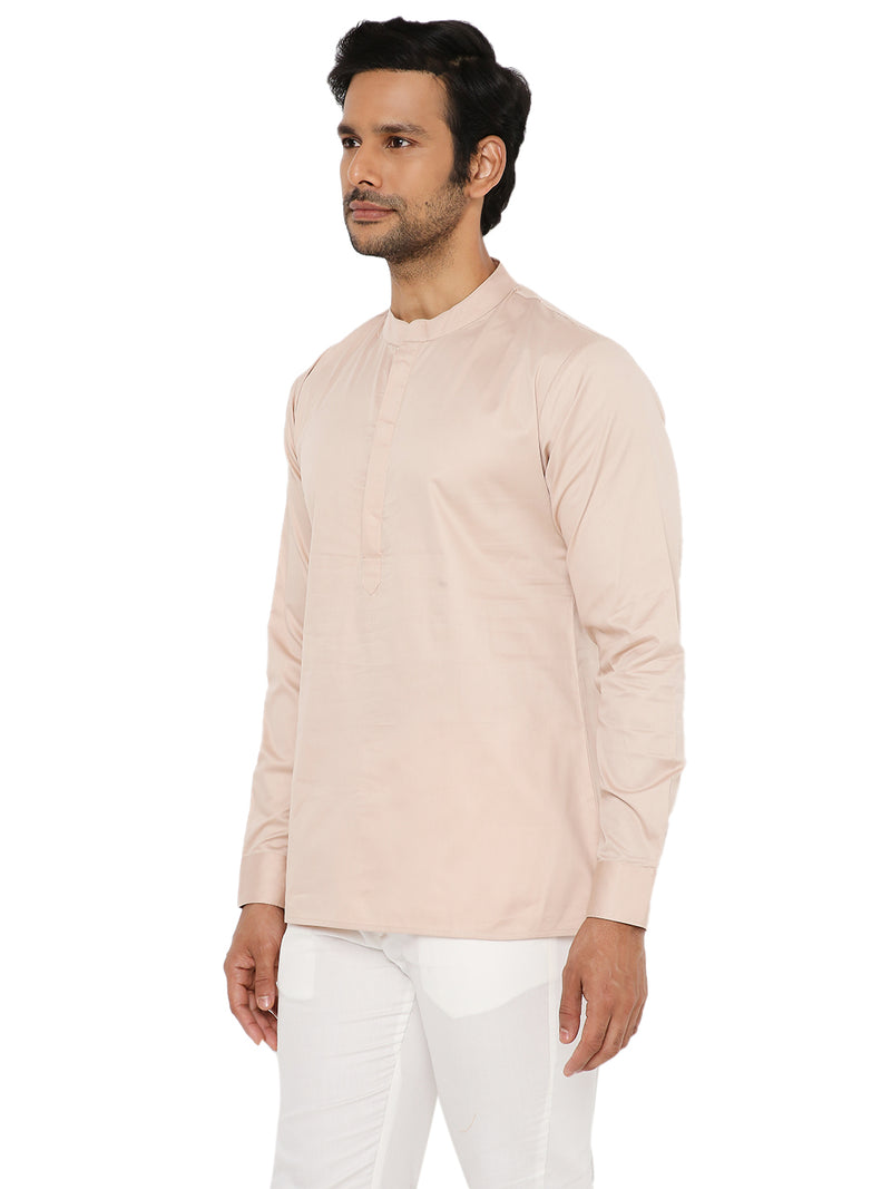 LIGHT FAWN SATIN COTTON SHORT KURTA WITH CUFF