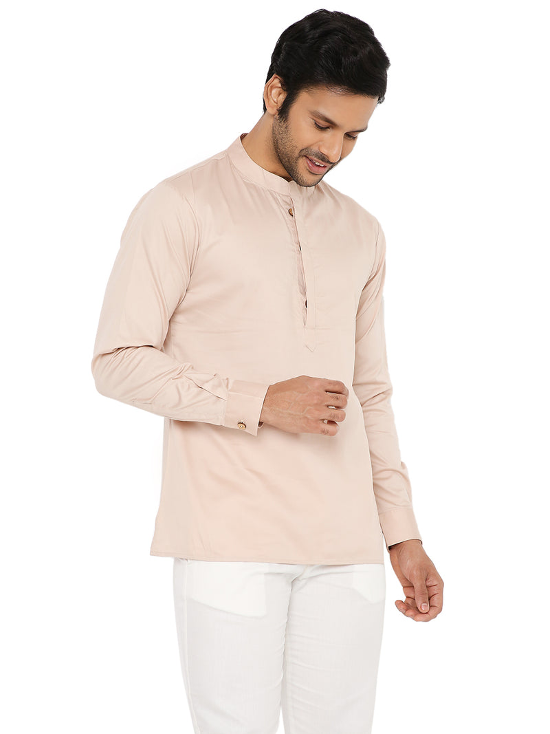 LIGHT FAWN SATIN COTTON SHORT KURTA WITH CUFF