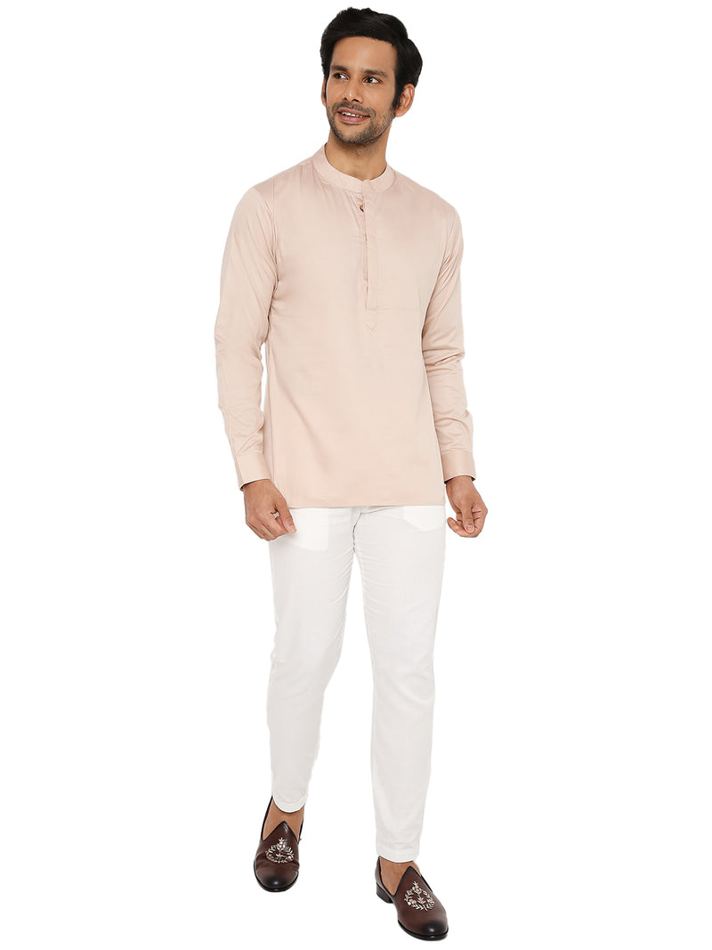 LIGHT FAWN SATIN COTTON SHORT KURTA WITH CUFF