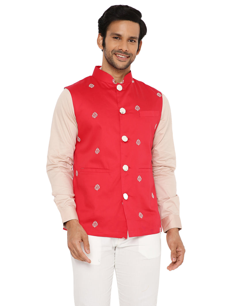 OXBLOOD RED SATIN EMBRIODERED KURTA BANDI SET