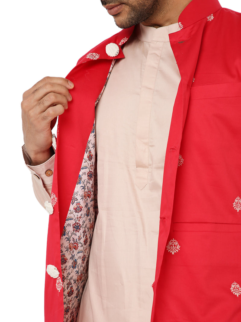 OXBLOOD RED SATIN EMBRIODERED KURTA BANDI SET