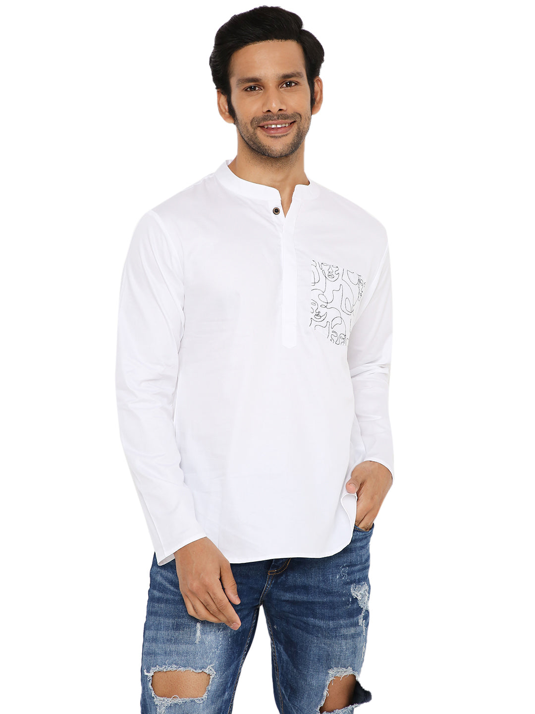 WHITE SATIN ABSTRACT POCKET EMBRIODERED SHORT KURTA