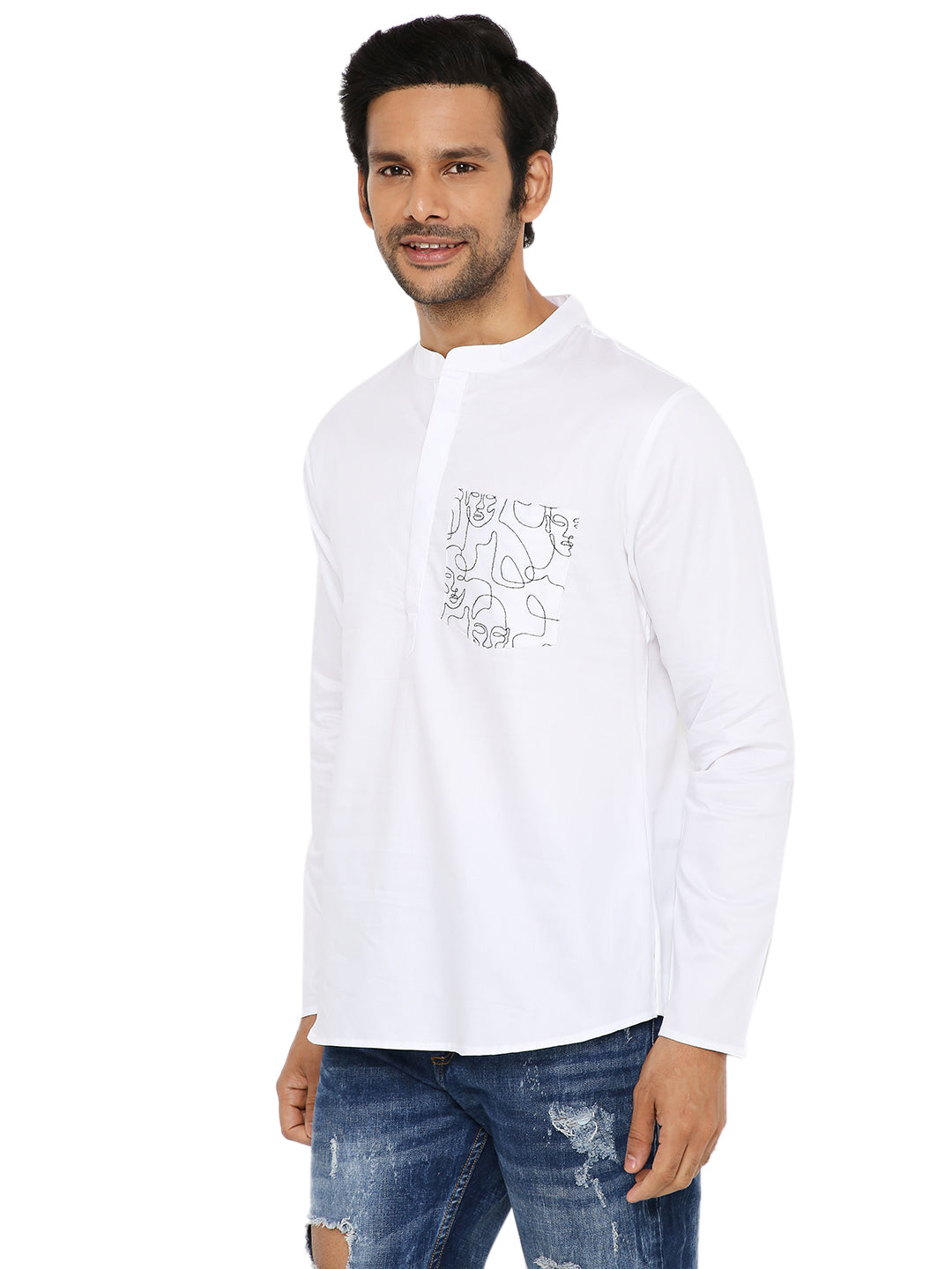 WHITE SATIN ABSTRACT POCKET EMBRIODERED SHORT KURTA