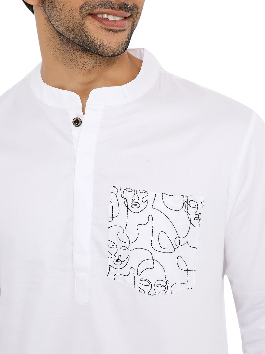 WHITE SATIN ABSTRACT POCKET EMBRIODERED SHORT KURTA