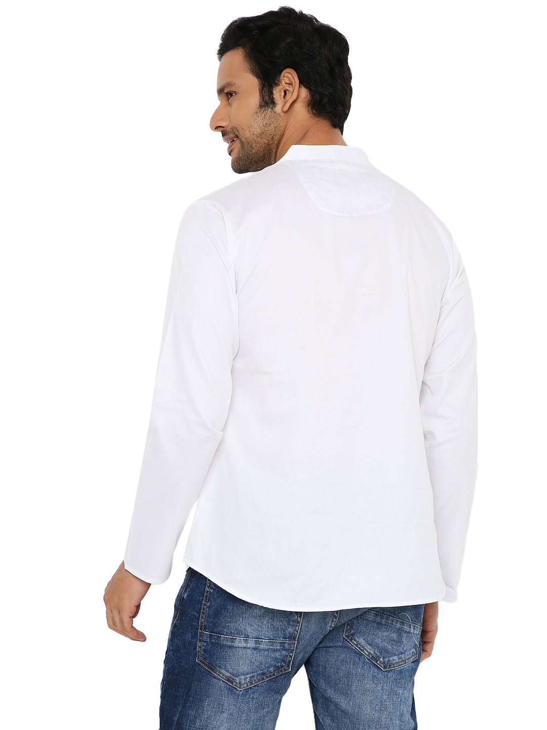 WHITE SATIN ABSTRACT POCKET EMBRIODERED SHORT KURTA