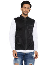 BLACK ABSTRACT EMBRIODERED SHORT KURTA SET WITH 3 POCKET SHACKET