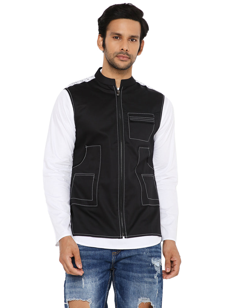 BLACK ABSTRACT EMBRIODERED SHORT KURTA SET WITH 3 POCKET SHACKET