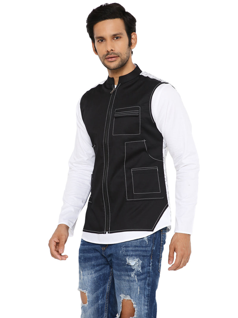 BLACK ABSTRACT EMBRIODERED SHORT KURTA SET WITH 3 POCKET SHACKET