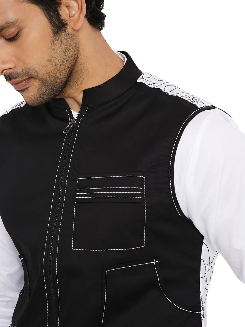 BLACK ABSTRACT EMBRIODERED SHORT KURTA SET WITH 3 POCKET SHACKET