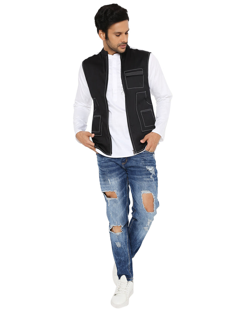 BLACK ABSTRACT EMBRIODERED SHORT KURTA SET WITH 3 POCKET SHACKET