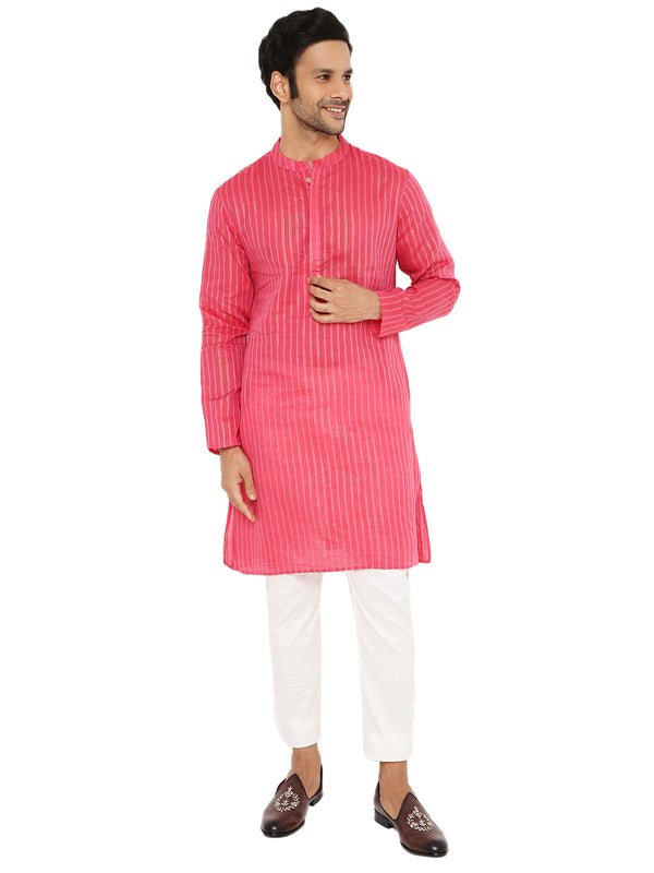 FUSCIA PINK COTTON BOLD STRIPED ZARI LONG KURTA