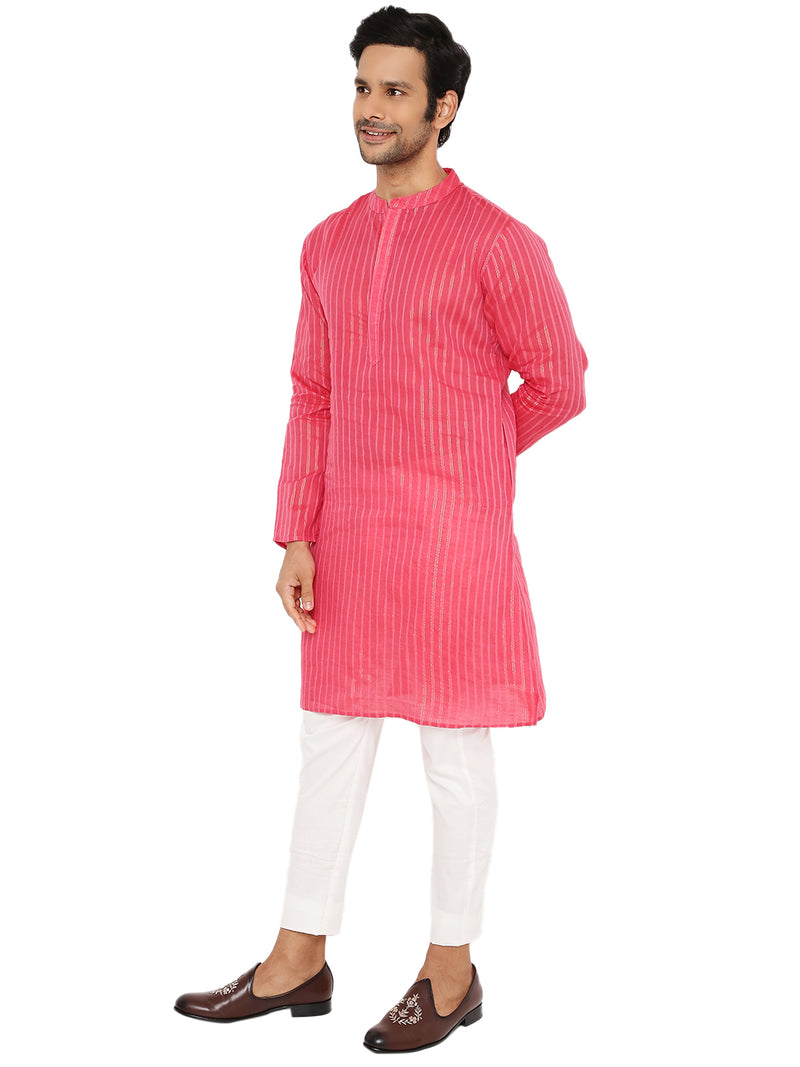 FUSCIA PINK COTTON BOLD STRIPED ZARI LONG KURTA