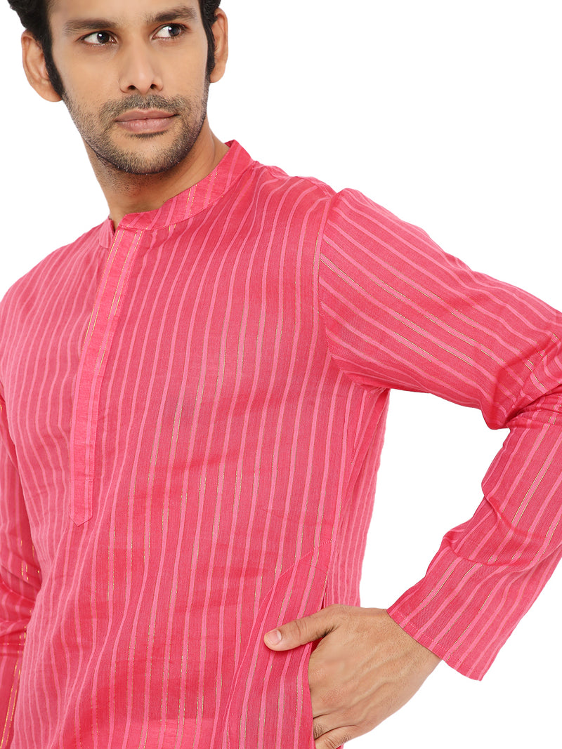 FUSCIA PINK COTTON BOLD STRIPED ZARI LONG KURTA