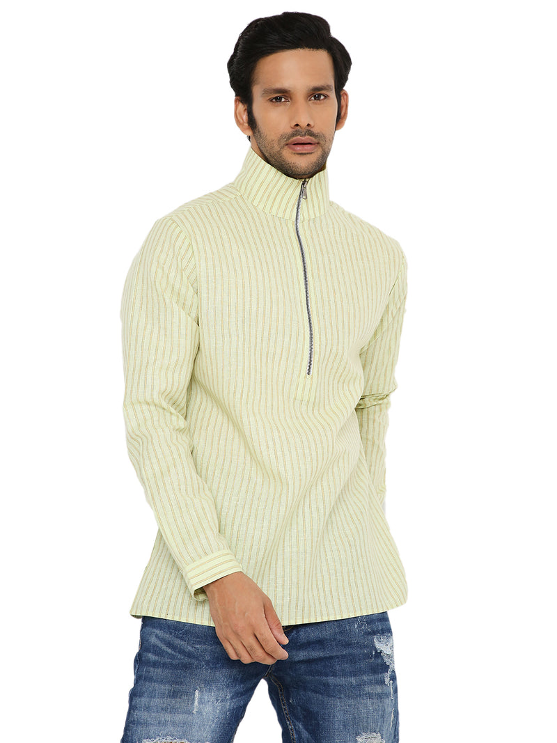 HAYGREEN ZARI STRIPED SHORT KURTA WITH HIGH NECK ZIP COLLAR