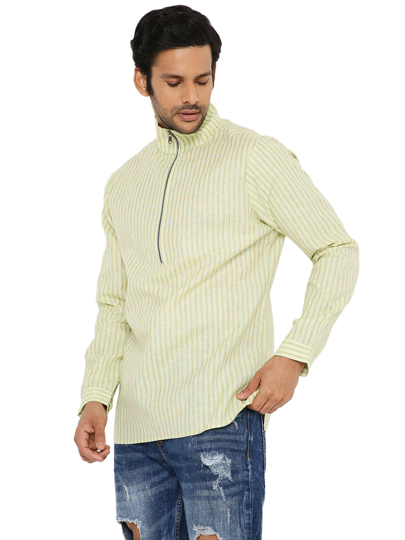 HAYGREEN ZARI STRIPED SHORT KURTA WITH HIGH NECK ZIP COLLAR