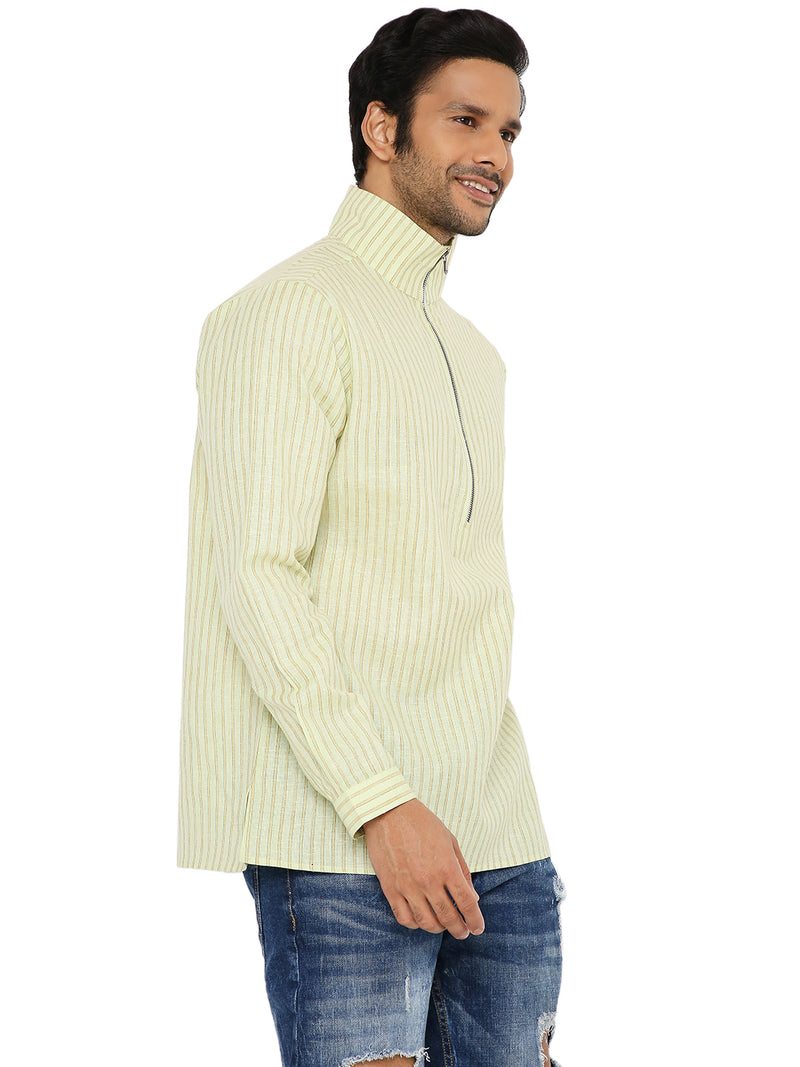 HAYGREEN ZARI STRIPED SHORT KURTA WITH HIGH NECK ZIP COLLAR
