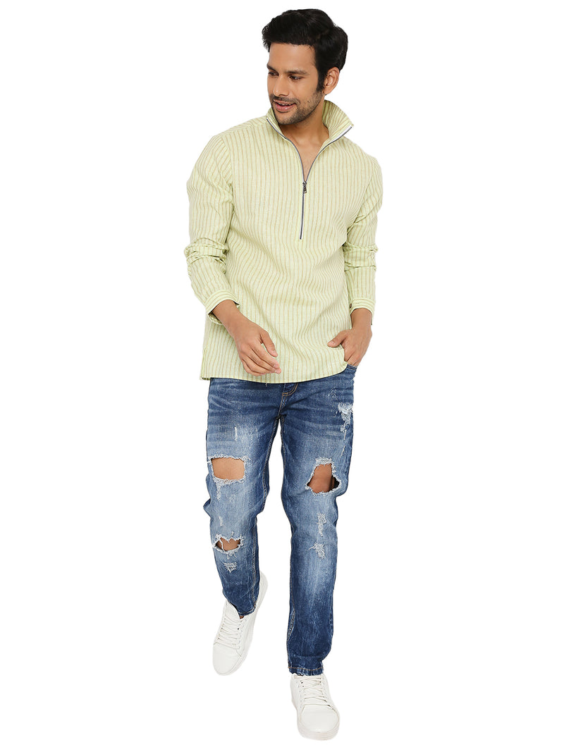 HAYGREEN ZARI STRIPED SHORT KURTA WITH HIGH NECK ZIP COLLAR