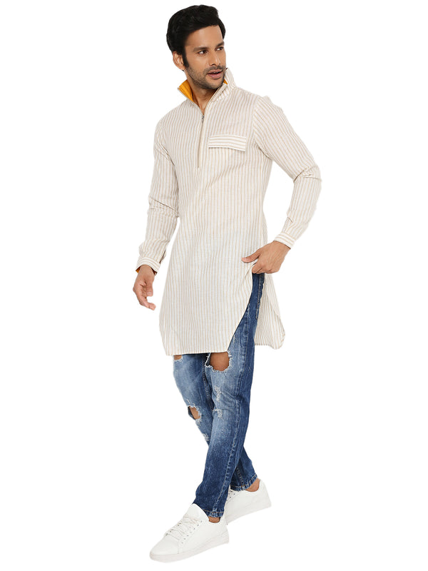OFF WHITE ZARI STRIPED LONG KURTA WITH HIGH NECK ZIP COLLAR