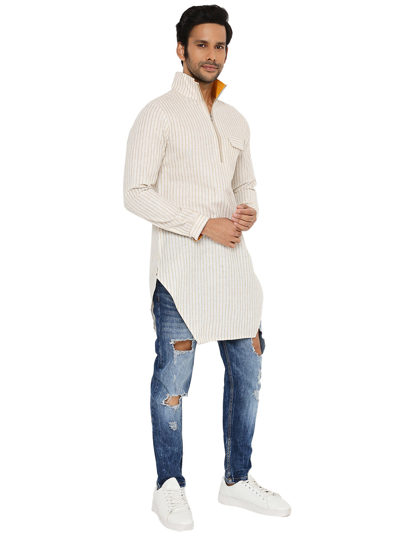 OFF WHITE ZARI STRIPED LONG KURTA WITH HIGH NECK ZIP COLLAR