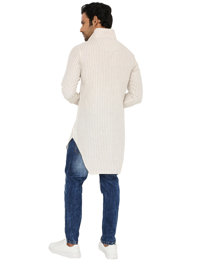 OFF WHITE ZARI STRIPED LONG KURTA WITH HIGH NECK ZIP COLLAR