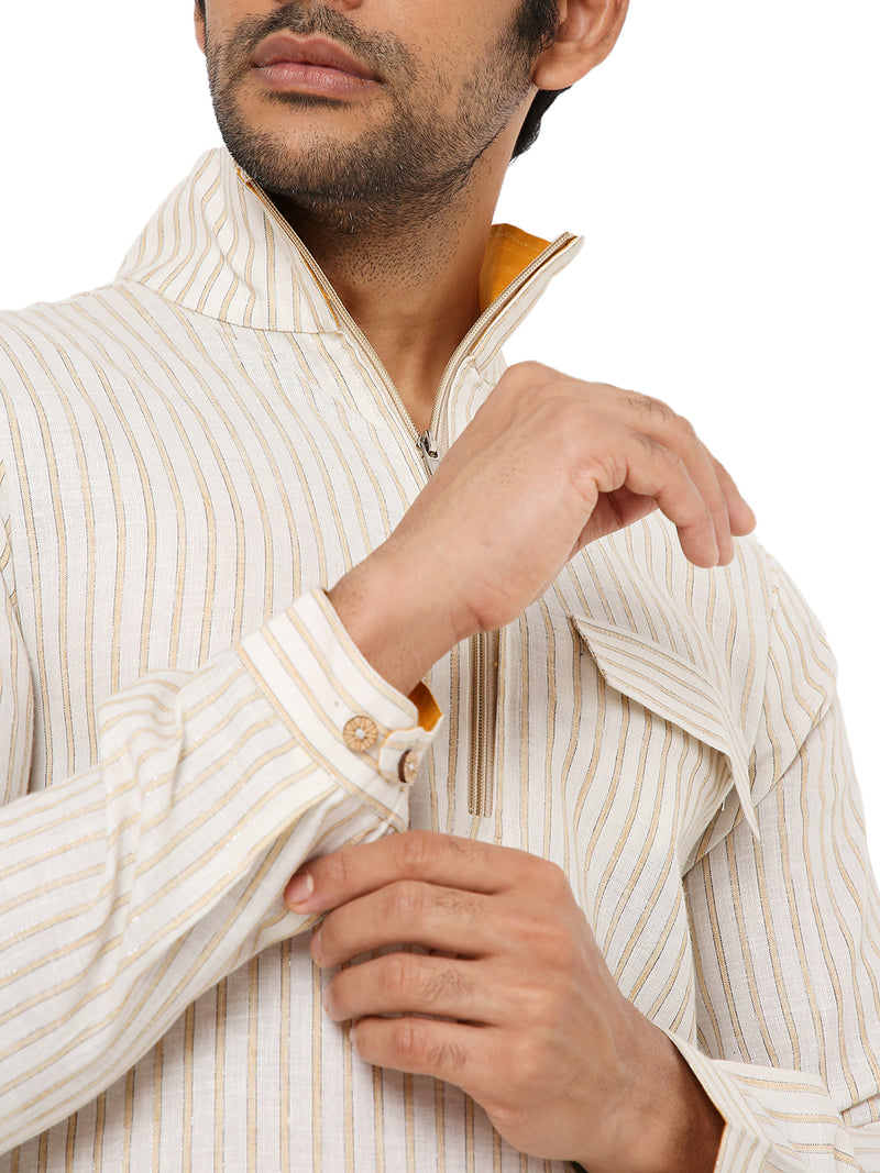 OFF WHITE ZARI STRIPED LONG KURTA WITH HIGH NECK ZIP COLLAR