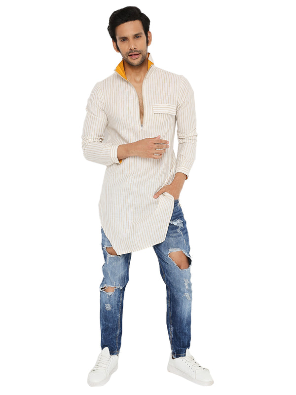 OFF WHITE ZARI STRIPED LONG KURTA WITH HIGH NECK ZIP COLLAR