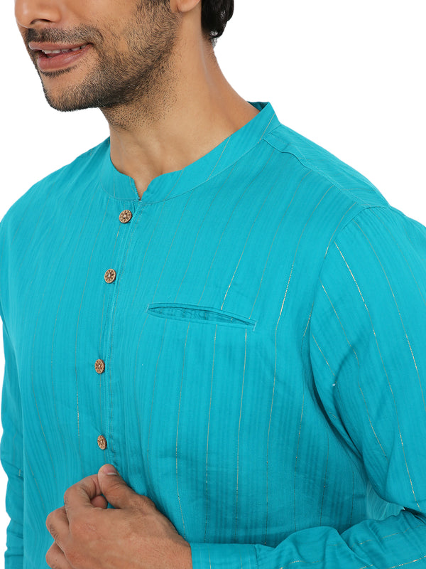 TURF GREEN ZARI SHORT KURTA WITH LUPI BUTTON DETAIL