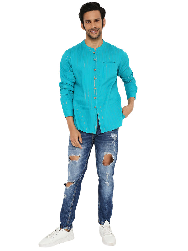 TURF GREEN ZARI SHORT KURTA WITH LUPI BUTTON DETAIL
