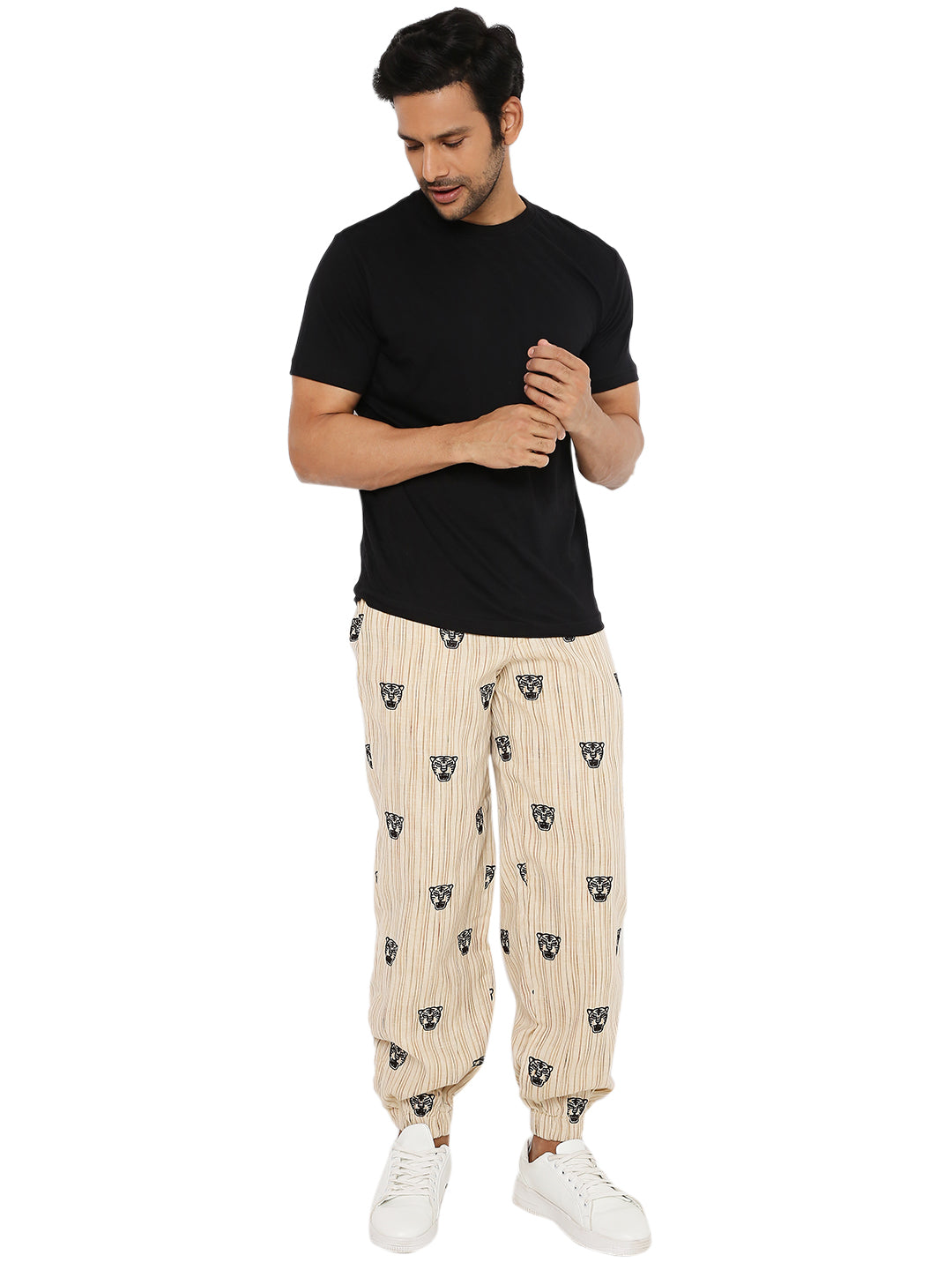 IVORY CREAM SHACKET AND JOGGER SET WITH TIGER FACE EMBROIDERY